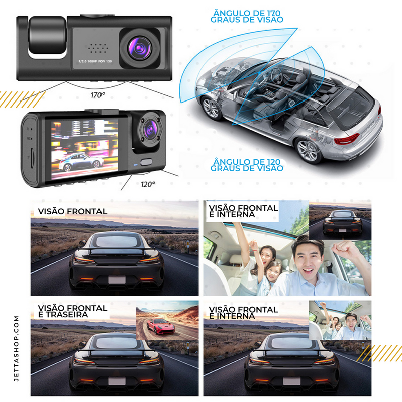 Câmera Veicular 3 em 1 DriveVision™ 360 – Gravação HD + Visão Noturna + Wi‑Fi